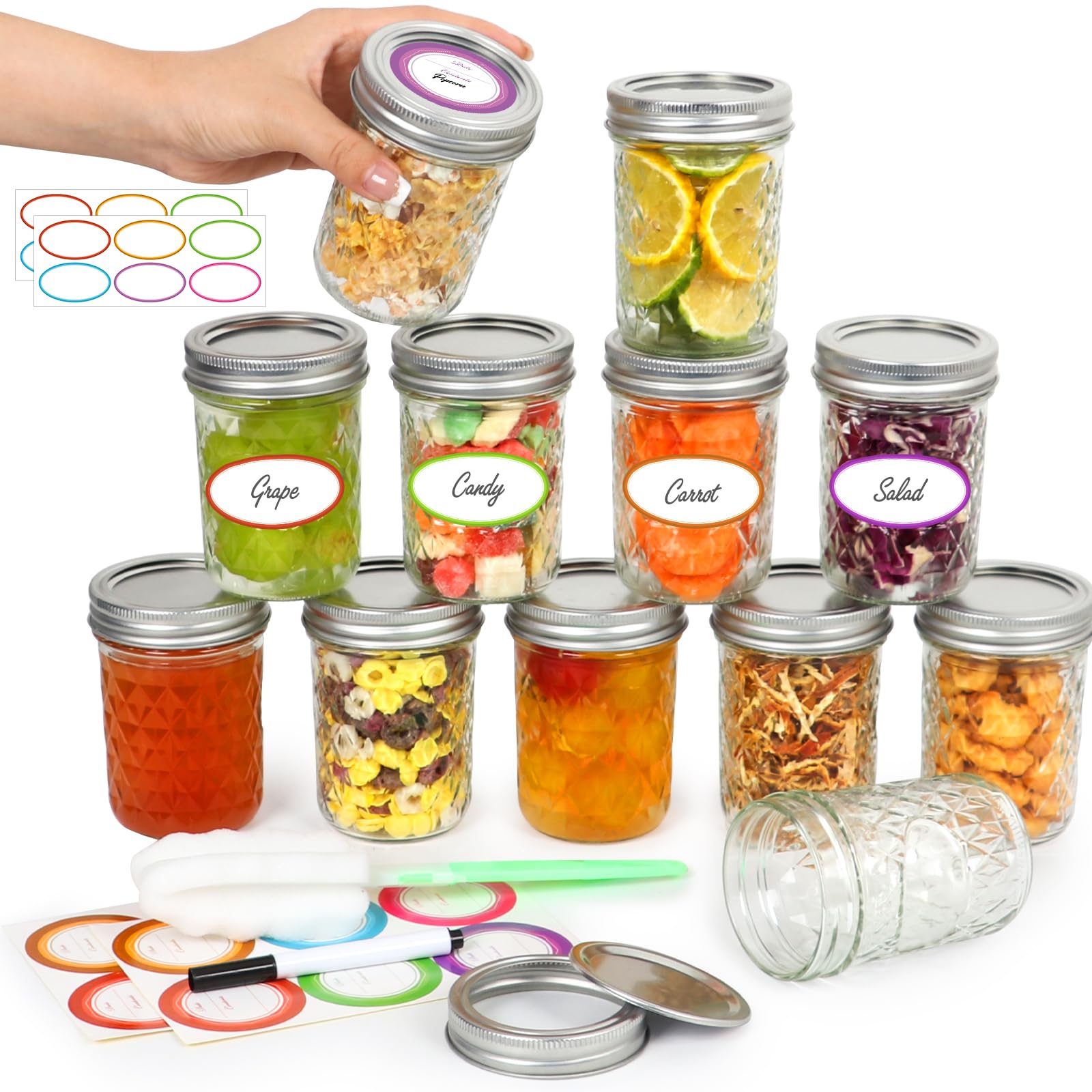 Jaisie.W Mason Jars 8 oz with Lids&Bands 12Pack, Small Canning Jars 8 oz - 8 oz Glass Jars with Lids for Oats/Jelly/Jams/Crafts/Candles