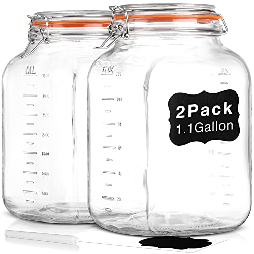 [UPGRADE] 2 Pack Square Super Wide Mouth Airtight Glass Storage Jars with Lids, 1.1 Gallon Glass Jars with 2 Measurement Marks, Canning Jars with Leak-proof Lid for Kitchen(Extra Label and Gasket)