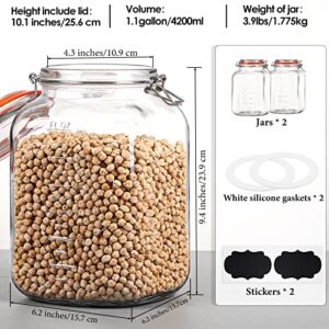 [UPGRADE] 2 Pack Square Super Wide Mouth Airtight Glass Storage Jars with Lids, 1.1 Gallon Glass Jars with 2 Measurement Marks, Canning Jars with Leak-proof Lid for Kitchen(Extra Label and Gasket)