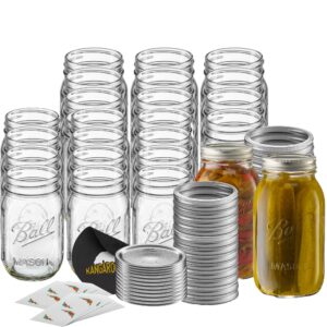 kanbandz ball regular mouth 16-ounces mason jar with lids and bands (24-units), 24-pack, as shown bundled non-slip jar opener and pack of self stick jar labels.