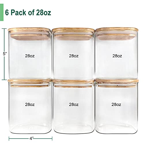 Glass Jars with Bamboo Lids, Square Glass Jar with airtight lids of 6 pack of 28oz, Square glass storage jars with airtight lids, Glass Food Storage Containers with airtight lids, Glass Panty Jars