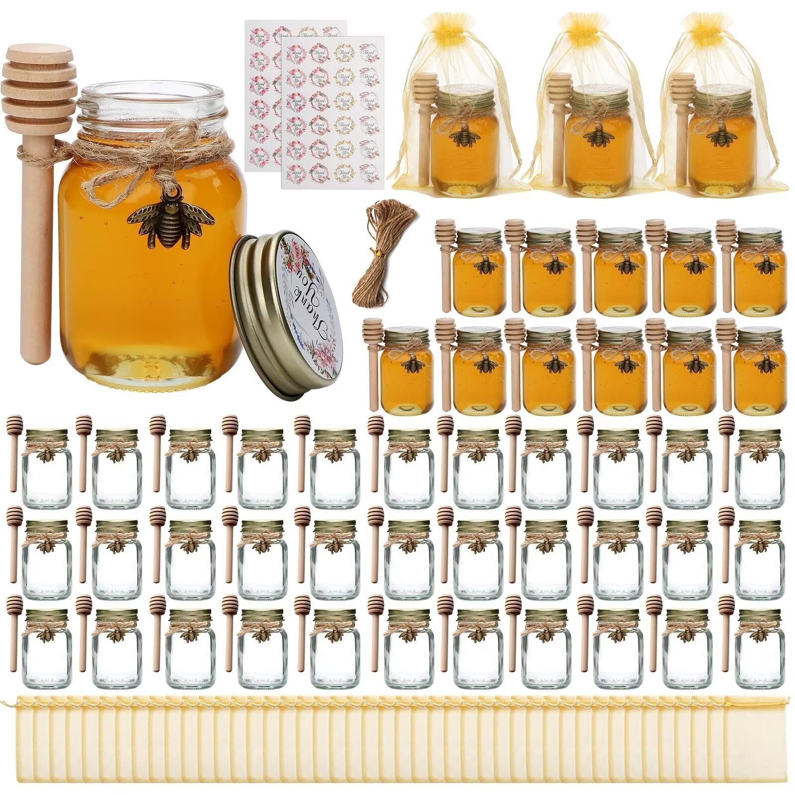 Woaiwo-q Mini Honey jars-2 oz, 48 pcs glass honey jars with wooden dipper,Glass Honey jars with lids-Bulk Thank You Gifts,Baby Shower, Wedding Favors,Honey Jars Party Favor