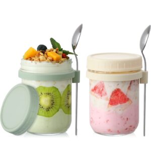 landneoo 2 pack overnight oats containers with lids and spoons, 16 oz glass mason jars for overnight oats, large capacity airtight jars for milk, cereal, fruit (beige+green)