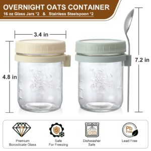 LANDNEOO 2 Pack Overnight Oats Containers with Lids and Spoons, 16 oz Glass Mason Jars for Overnight Oats, Large Capacity Airtight Jars for Milk, Cereal, Fruit (Beige+Green)