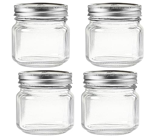 Regular Mouth Mason Jars 8 oz - (4 Pack) - Regular Mouth 8-Ounces Mason Jars With Ball Airtight lids and Bands - For Canning, Fermenting, Pickling, Freezing - Glass jar, Microwave & Dishwasher Safe