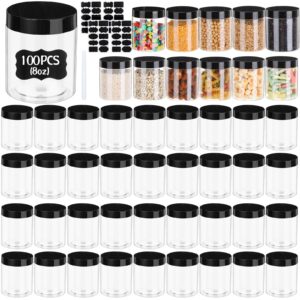 dandat 100 pcs 8 oz plastic jars with screw on lids labels and pen clear cosmetics container jars refillable empty round jars wide mouth storage containers for kitchen household (black lid)