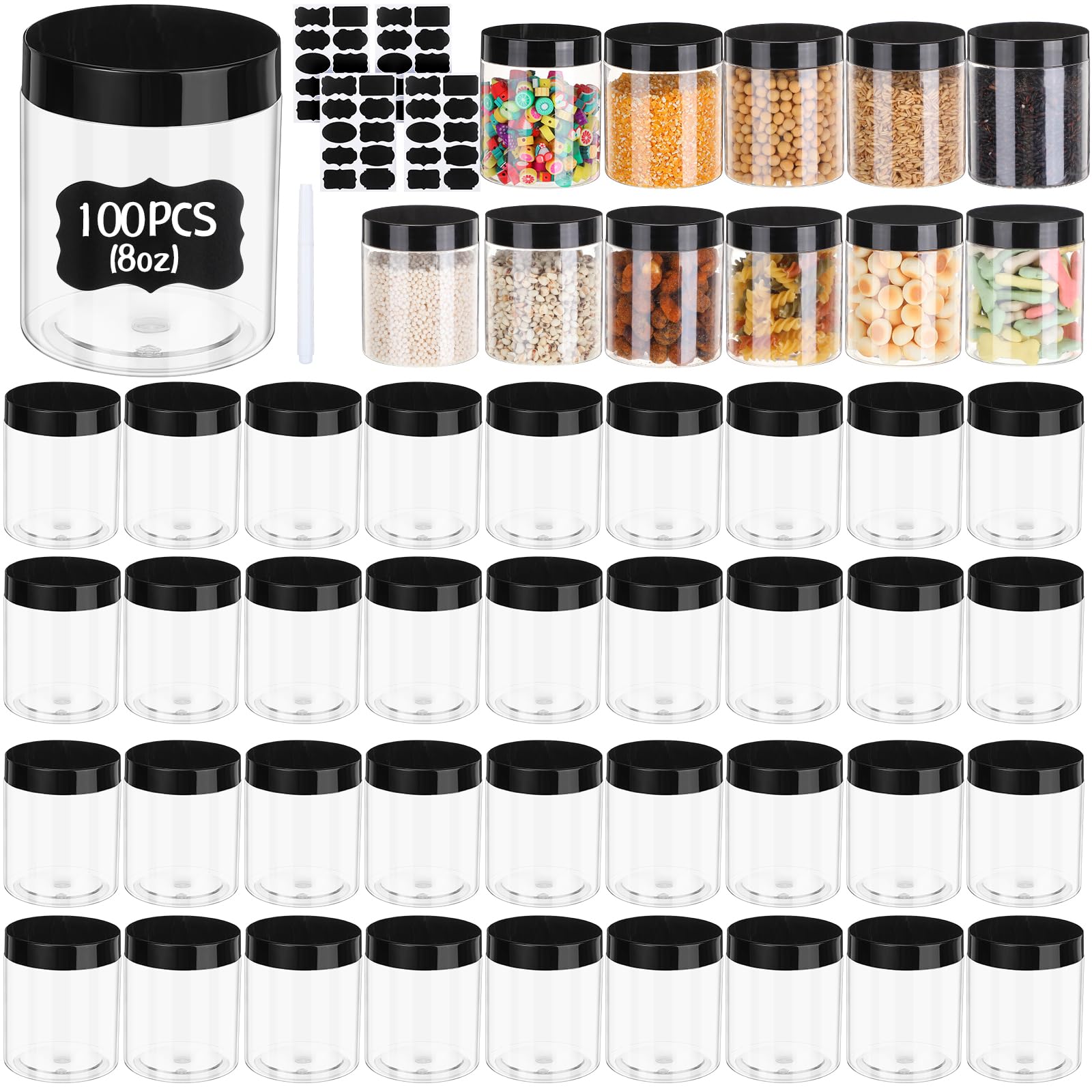 Dandat 100 Pcs 8 Oz Plastic Jars with Screw on Lids Labels and Pen Clear Cosmetics Container Jars Refillable Empty Round Jars Wide Mouth Storage Containers for Kitchen Household (Black Lid)