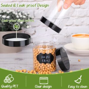 Dandat 100 Pcs 8 Oz Plastic Jars with Screw on Lids Labels and Pen Clear Cosmetics Container Jars Refillable Empty Round Jars Wide Mouth Storage Containers for Kitchen Household (Black Lid)