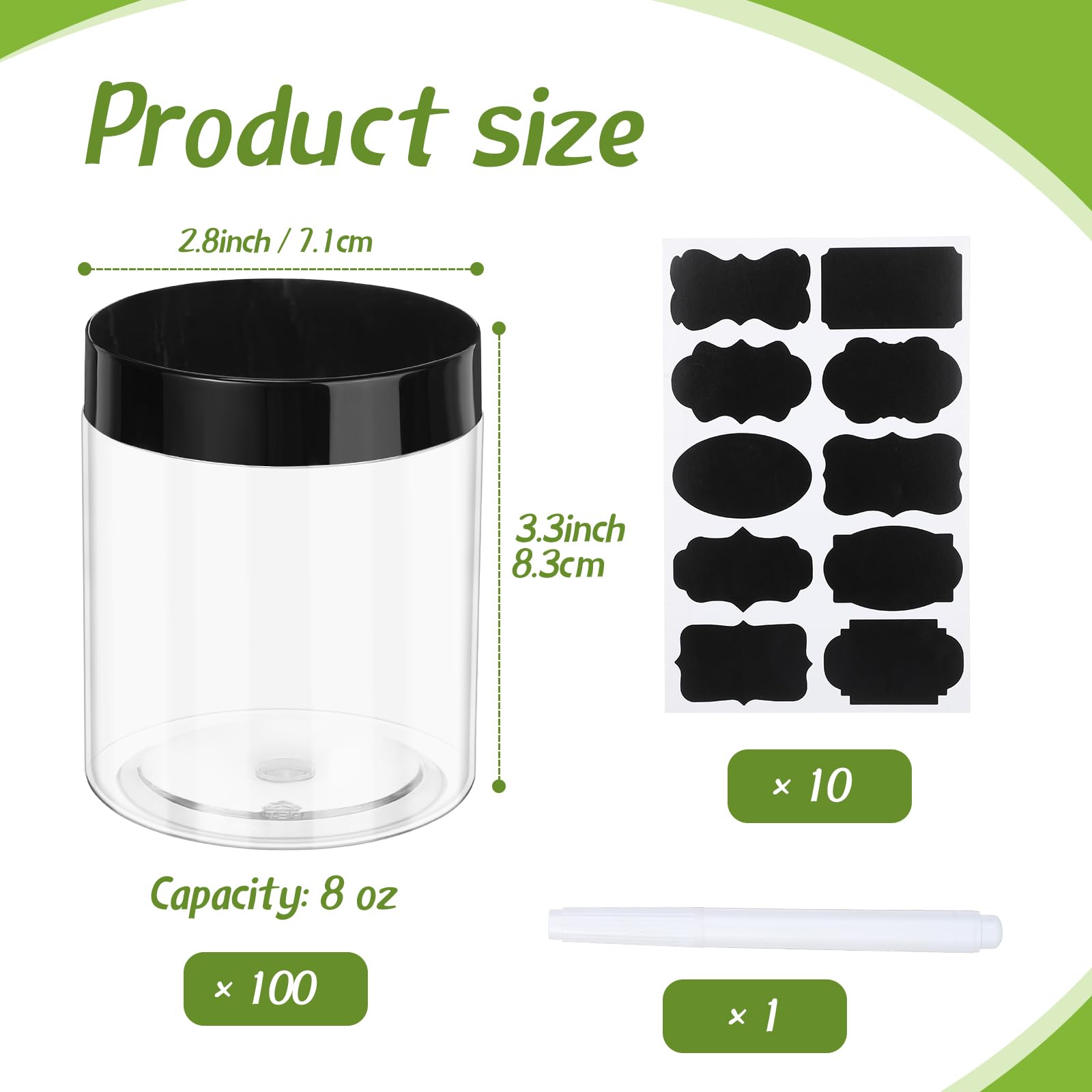 Dandat 100 Pcs 8 Oz Plastic Jars with Screw on Lids Labels and Pen Clear Cosmetics Container Jars Refillable Empty Round Jars Wide Mouth Storage Containers for Kitchen Household (Black Lid)