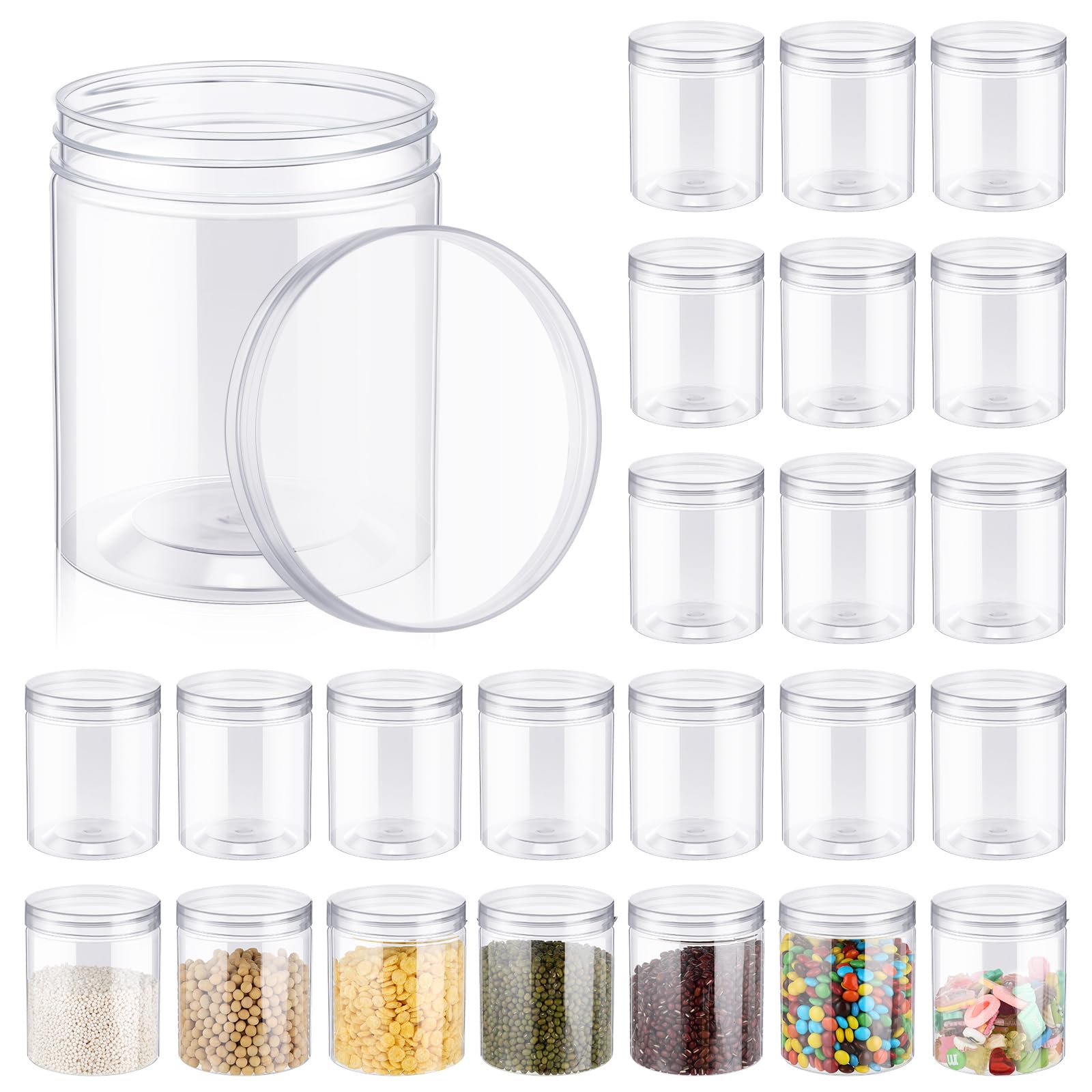 Irenare 24 Pcs 16 oz Clear Plastic Jars with Ribbed Lids Wide Mouth Food Plastic Mason Jars 16 oz Airtight Paint Storage Containers for Dried Fruit, Honey, Nuts, Kitchen Household (Clear Lids)