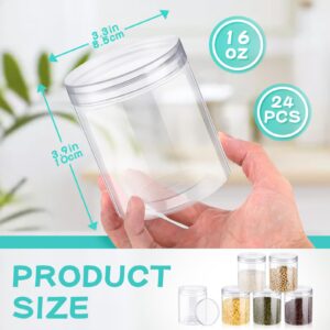 Irenare 24 Pcs 16 oz Clear Plastic Jars with Ribbed Lids Wide Mouth Food Plastic Mason Jars 16 oz Airtight Paint Storage Containers for Dried Fruit, Honey, Nuts, Kitchen Household (Clear Lids)