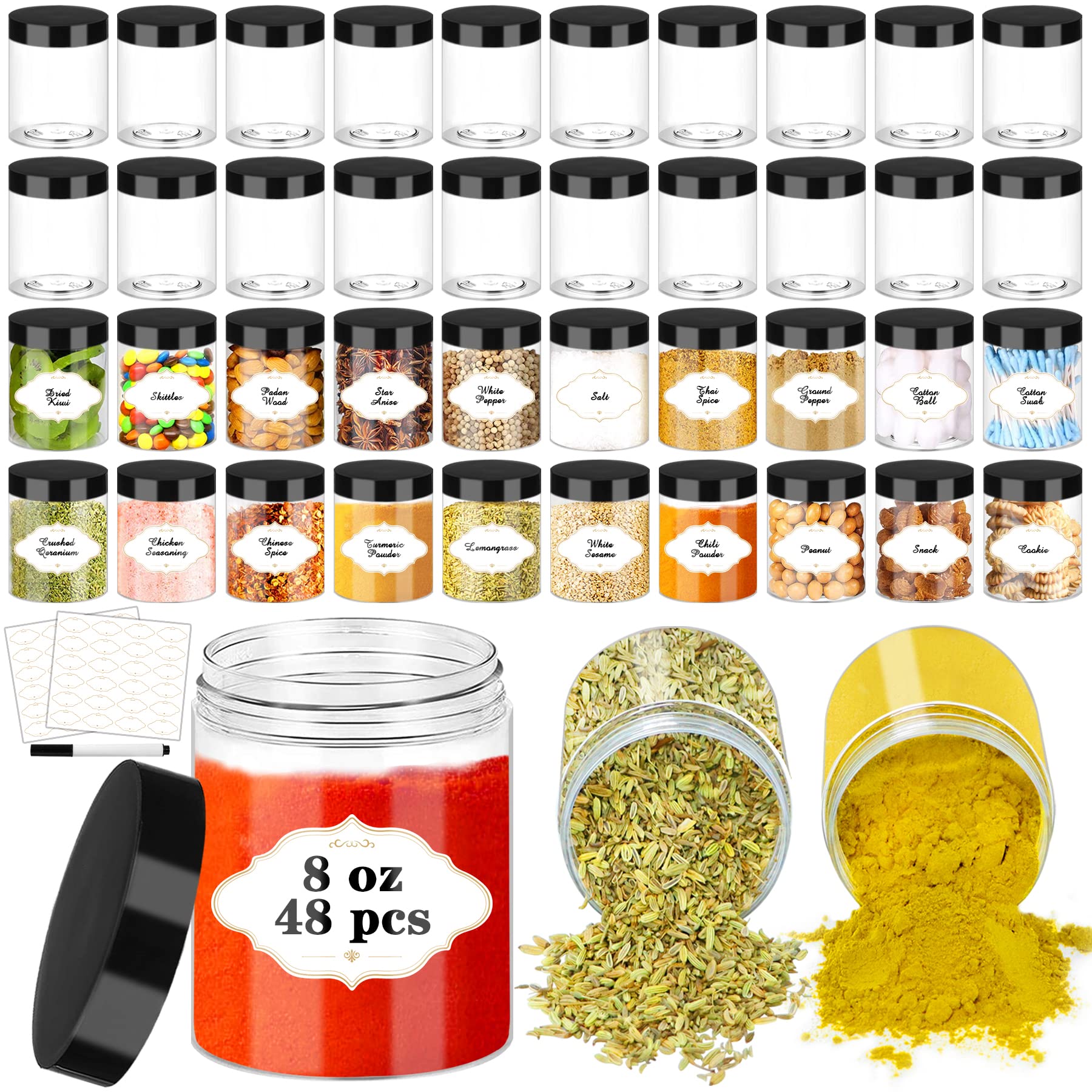 PeacePeo 8OZ Plastic Jars with Lids, Slime Containers with Lids 48Pcs Airtight Round Plastic Storage Jars Wide-Mouth Containers for Slime, Kitchen and Household Food Storage of Dry Goods