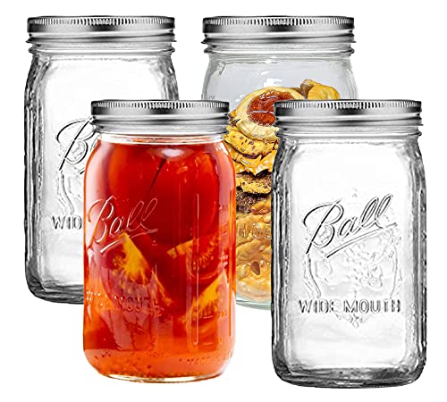 Wide Mouth Mason Jars 32 oz - (4 Pack) - Ball Wide Mouth 32-Ounces Quart Mason Jars With Airtight lids and Bands - Clear Glass Mason Jars For Storage, Canning, Fermenting, Overnight Oats, Cold Brew