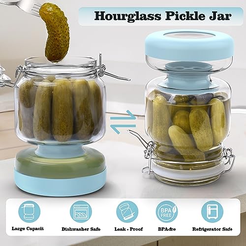 Trtyldt Glass Pickle Jar with Strainer Flip,Hourglass Pickle Juice Separator Jar for Olives,Gherkins or Sliced Pickles, 40.5oz Pickle Container Refrigerator Dishwasher Safe (light blue)