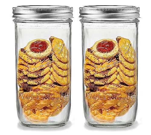 Wide Mouth Mason Jars 24 oz - (2 Pack) - Ball Wide Mouth 24-Ounces Pint and a Half Mason Jars With Airtight lids and Bands - Clear Glass Mason Jars For Storage, Canning, Fermenting, Overnight Oats, Cold Brew Coffee, Freezing + M.E.M Rubber Jar Opener Incl