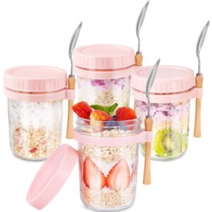 homartist glass overnight oats containers with lids and spoon, 16oz wide mouth mason jars for overnight oats, cereal, yogurt, salad lunch container with measurement marks - pink 4 pack