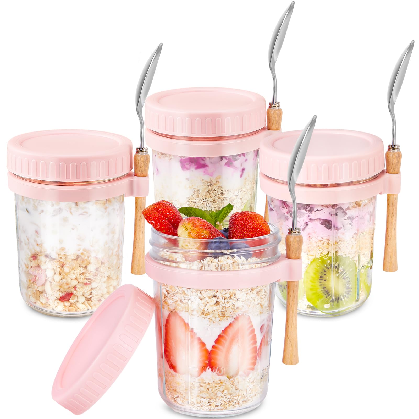 HomArtist Glass Overnight Oats Containers with Lids and Spoon, 16oz Wide Mouth Mason Jars for Overnight Oats, Cereal, Yogurt, Salad Lunch Container with Measurement Marks - Pink 4 Pack