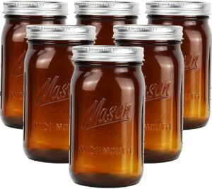 polytun amber glass mason jars 32 oz wide mouth with airtight lids and bands 6 pack, amber clear glass canning mason jars, quart mason jars (set of 6) (wide mouth)
