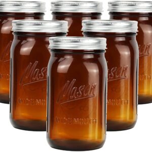 Polytun Amber Glass Mason Jars 32 oz Wide Mouth with Airtight Lids and Bands 6 Pack, Amber Clear Glass Canning Mason Jars, Quart Mason Jars (Set of 6) (Wide Mouth)