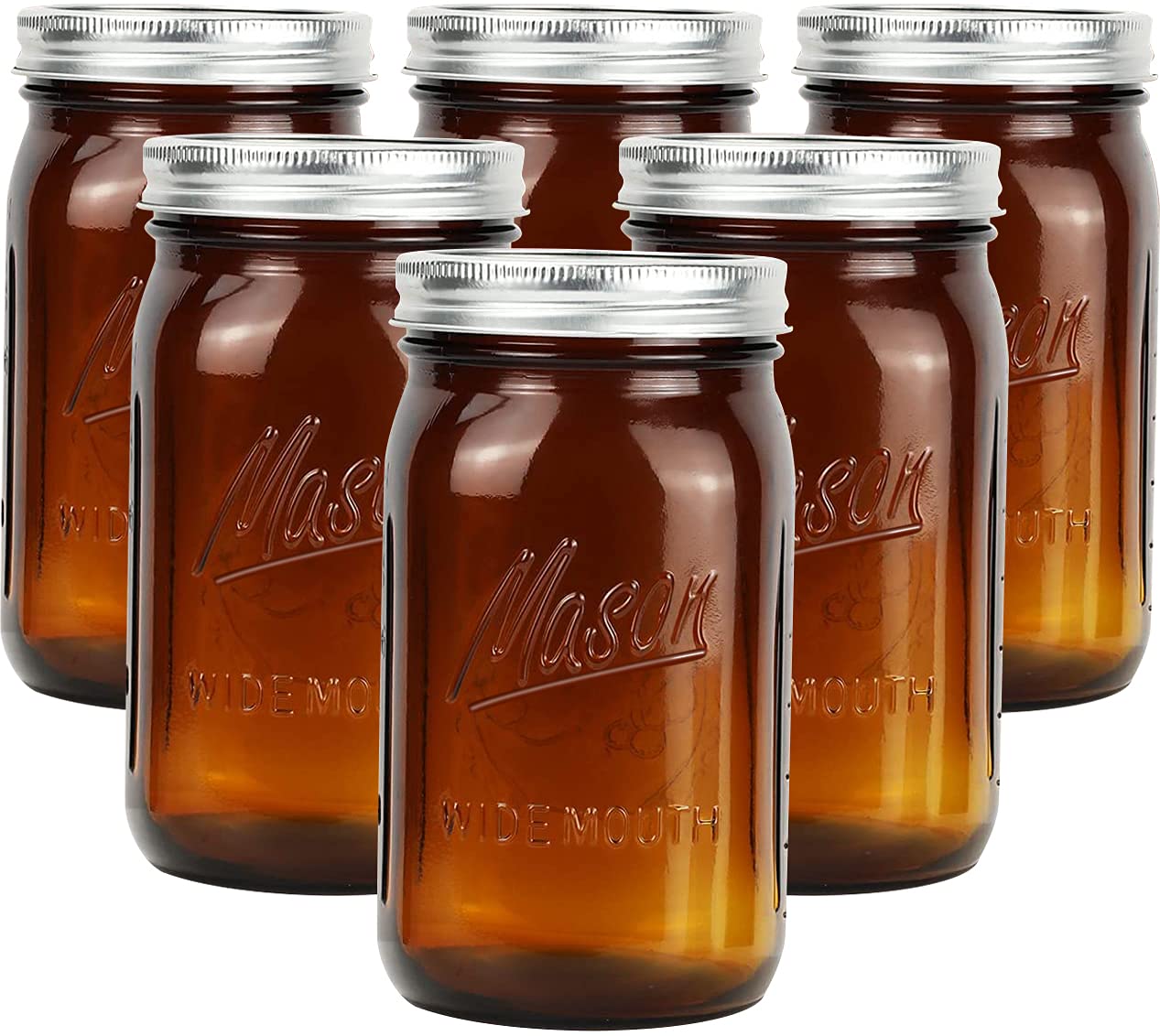 Polytun Amber Glass Mason Jars 32 oz Wide Mouth with Airtight Lids and Bands 6 Pack, Amber Clear Glass Canning Mason Jars, Quart Mason Jars (Set of 6) (Wide Mouth)