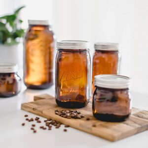 Polytun Amber Glass Mason Jars 32 oz Wide Mouth with Airtight Lids and Bands 6 Pack, Amber Clear Glass Canning Mason Jars, Quart Mason Jars (Set of 6) (Wide Mouth)