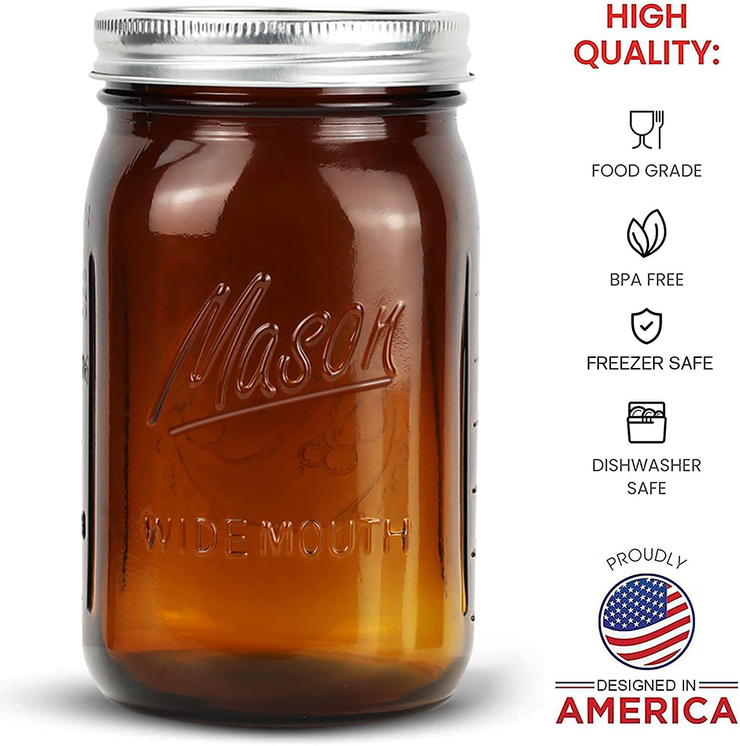 Polytun Amber Glass Mason Jars 32 oz Wide Mouth with Airtight Lids and Bands 6 Pack, Amber Clear Glass Canning Mason Jars, Quart Mason Jars (Set of 6) (Wide Mouth)