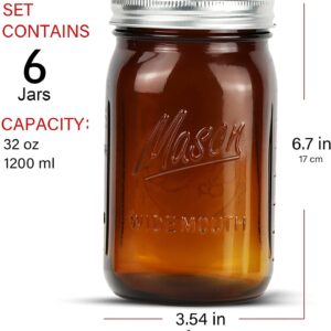 Polytun Amber Glass Mason Jars 32 oz Wide Mouth with Airtight Lids and Bands 6 Pack, Amber Clear Glass Canning Mason Jars, Quart Mason Jars (Set of 6) (Wide Mouth)