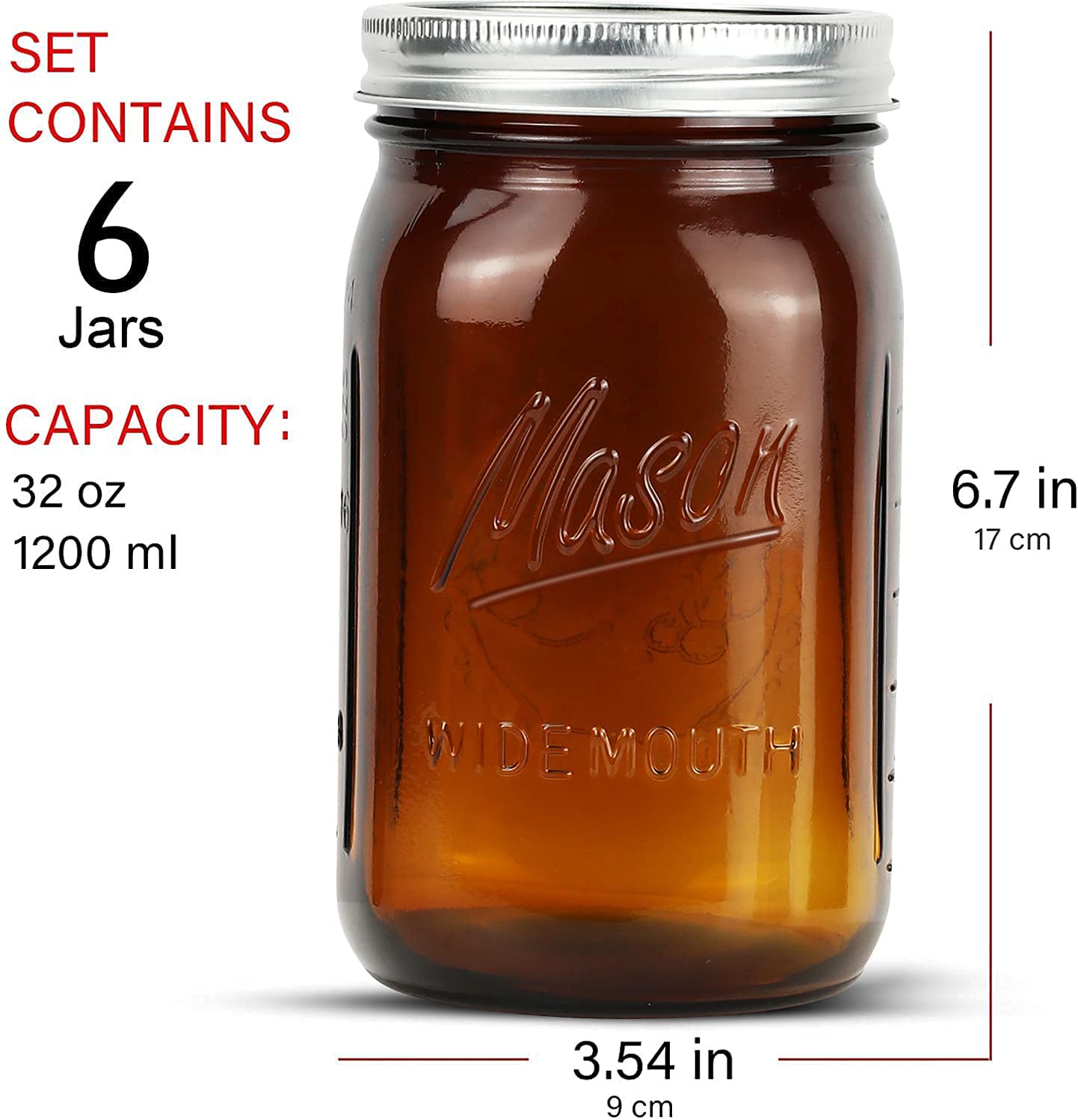 Polytun Amber Glass Mason Jars 32 oz Wide Mouth with Airtight Lids and Bands 6 Pack, Amber Clear Glass Canning Mason Jars, Quart Mason Jars (Set of 6) (Wide Mouth)