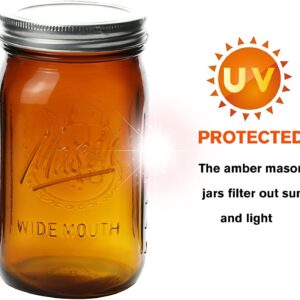 Polytun Amber Glass Mason Jars 32 oz Wide Mouth with Airtight Lids and Bands 6 Pack, Amber Clear Glass Canning Mason Jars, Quart Mason Jars (Set of 6) (Wide Mouth)