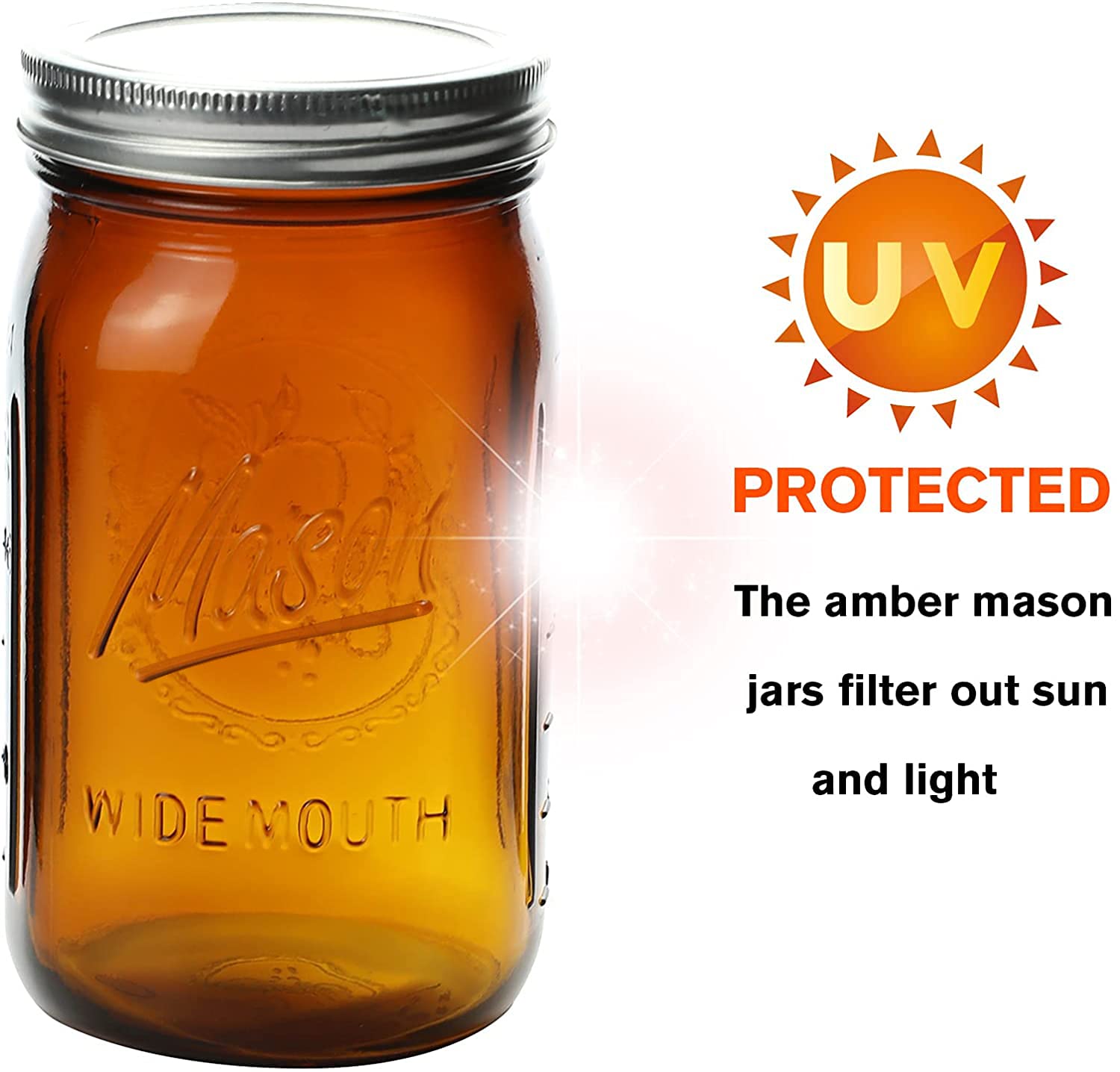 Polytun Amber Glass Mason Jars 32 oz Wide Mouth with Airtight Lids and Bands 6 Pack, Amber Clear Glass Canning Mason Jars, Quart Mason Jars (Set of 6) (Wide Mouth)