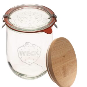 Weck Jars - 35.9 fl. oz Weck Tulip Jars 1 Liter - Sour Dough Starter Jars - Large Glass Jars for Sourdough - Suitable for Canning and Storage - (1 Jar, Glass Lid & Wooden Lid)