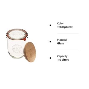 Weck Jars - 35.9 fl. oz Weck Tulip Jars 1 Liter - Sour Dough Starter Jars - Large Glass Jars for Sourdough - Suitable for Canning and Storage - (1 Jar, Glass Lid & Wooden Lid)