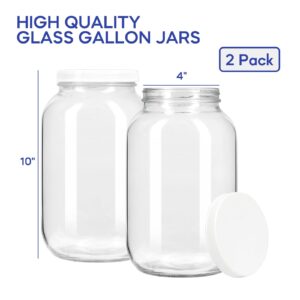 Haneye 2 Pack 1 Gallon Wide Mouth Glass Jars, Large Mason Jars Gallon Jars with White Plastic Lids, Clear Jar for Fermenting Kombucha Pickling Dry Food Storage