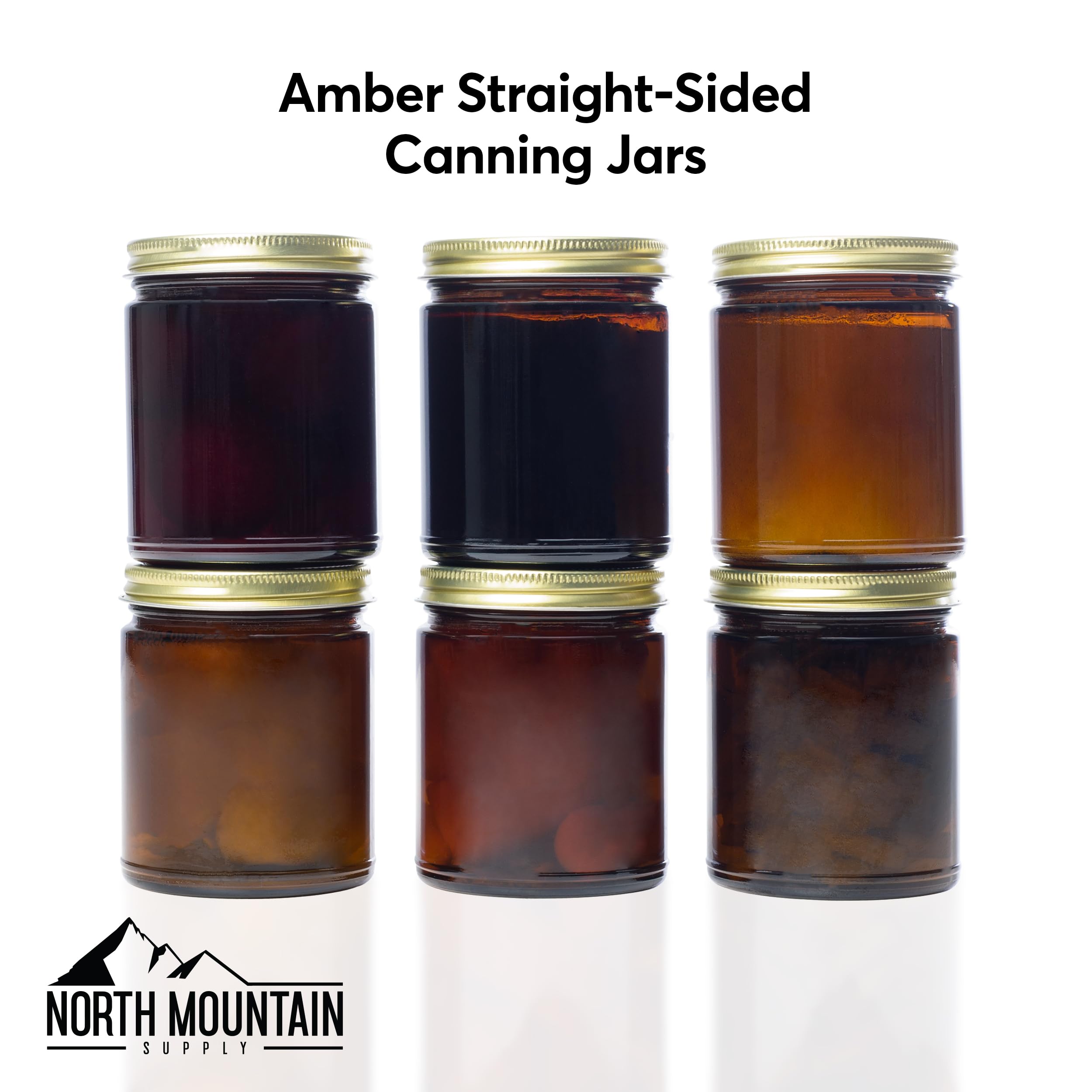 North Mountain Supply 9 Ounce Amber Glass Straight Sided Mason Canning Jars - with 70mm Black Metal Lids - Case of 12