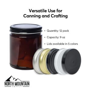 North Mountain Supply 9 Ounce Amber Glass Straight Sided Mason Canning Jars - with 70mm Black Metal Lids - Case of 12