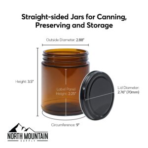 North Mountain Supply 9 Ounce Amber Glass Straight Sided Mason Canning Jars - with 70mm Black Metal Lids - Case of 12