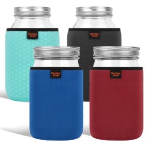 Desing Wish 32 oz Regular/Wide Mouth Mason Jar Neoprene Sleeve, 32oz Non-slip Cozy Insulated Glass Jars Protector Holder Sleeves 3.7 x 5.3 Inches - 4 Pack (Black/Red/Blue/Cyan)