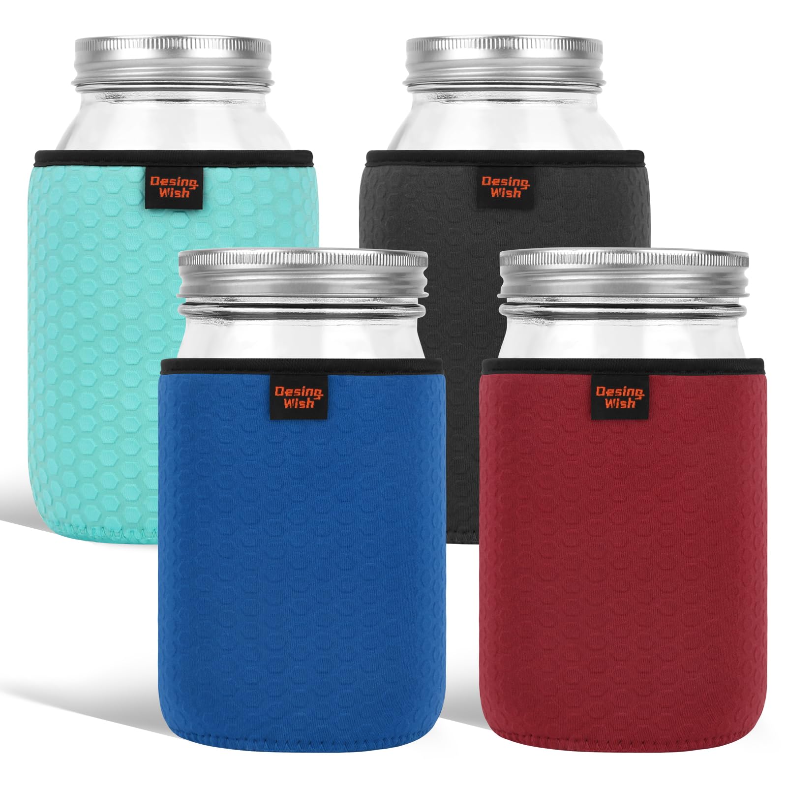 Desing Wish 32 oz Regular/Wide Mouth Mason Jar Neoprene Sleeve, 32oz Non-slip Cozy Insulated Glass Jars Protector Holder Sleeves 3.7 x 5.3 Inches - 4 Pack (Black/Red/Blue/Cyan)