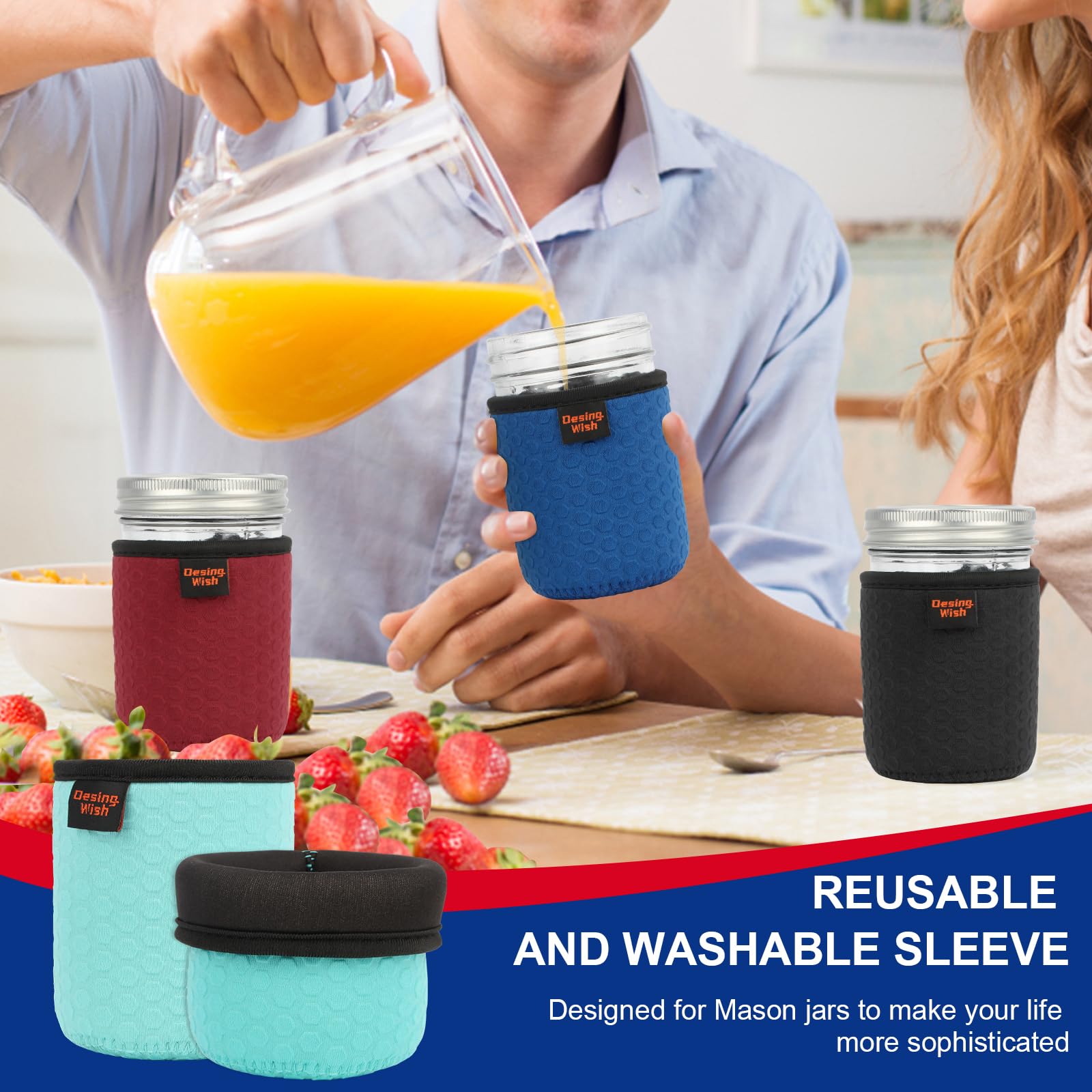 Desing Wish 32 oz Regular/Wide Mouth Mason Jar Neoprene Sleeve, 32oz Non-slip Cozy Insulated Glass Jars Protector Holder Sleeves 3.7 x 5.3 Inches - 4 Pack (Black/Red/Blue/Cyan)