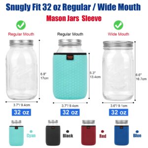 Desing Wish 32 oz Regular/Wide Mouth Mason Jar Neoprene Sleeve, 32oz Non-slip Cozy Insulated Glass Jars Protector Holder Sleeves 3.7 x 5.3 Inches - 4 Pack (Black/Red/Blue/Cyan)