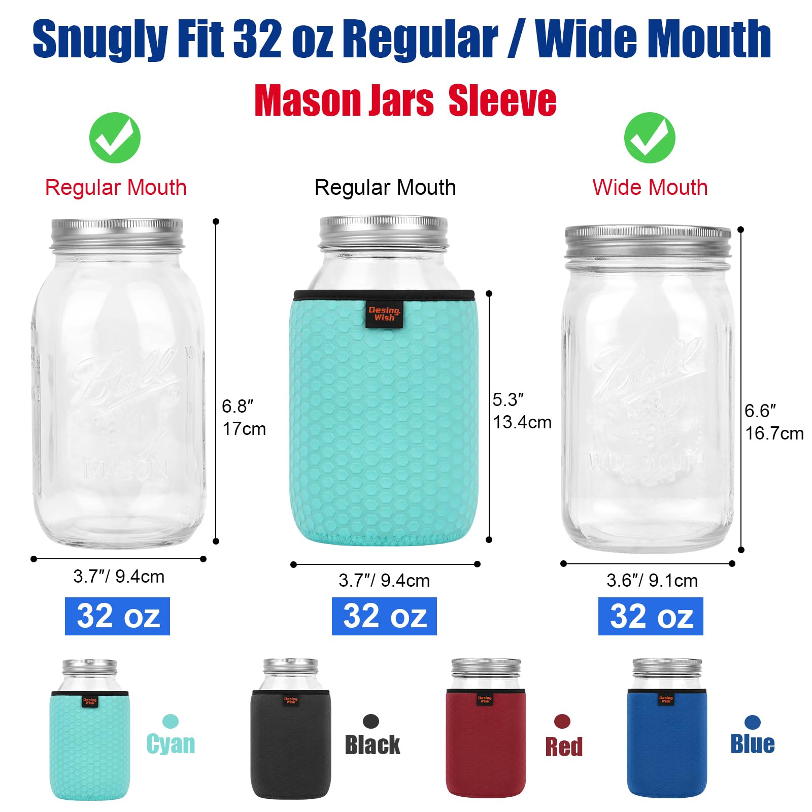 Desing Wish 32 oz Regular/Wide Mouth Mason Jar Neoprene Sleeve, 32oz Non-slip Cozy Insulated Glass Jars Protector Holder Sleeves 3.7 x 5.3 Inches - 4 Pack (Black/Red/Blue/Cyan)