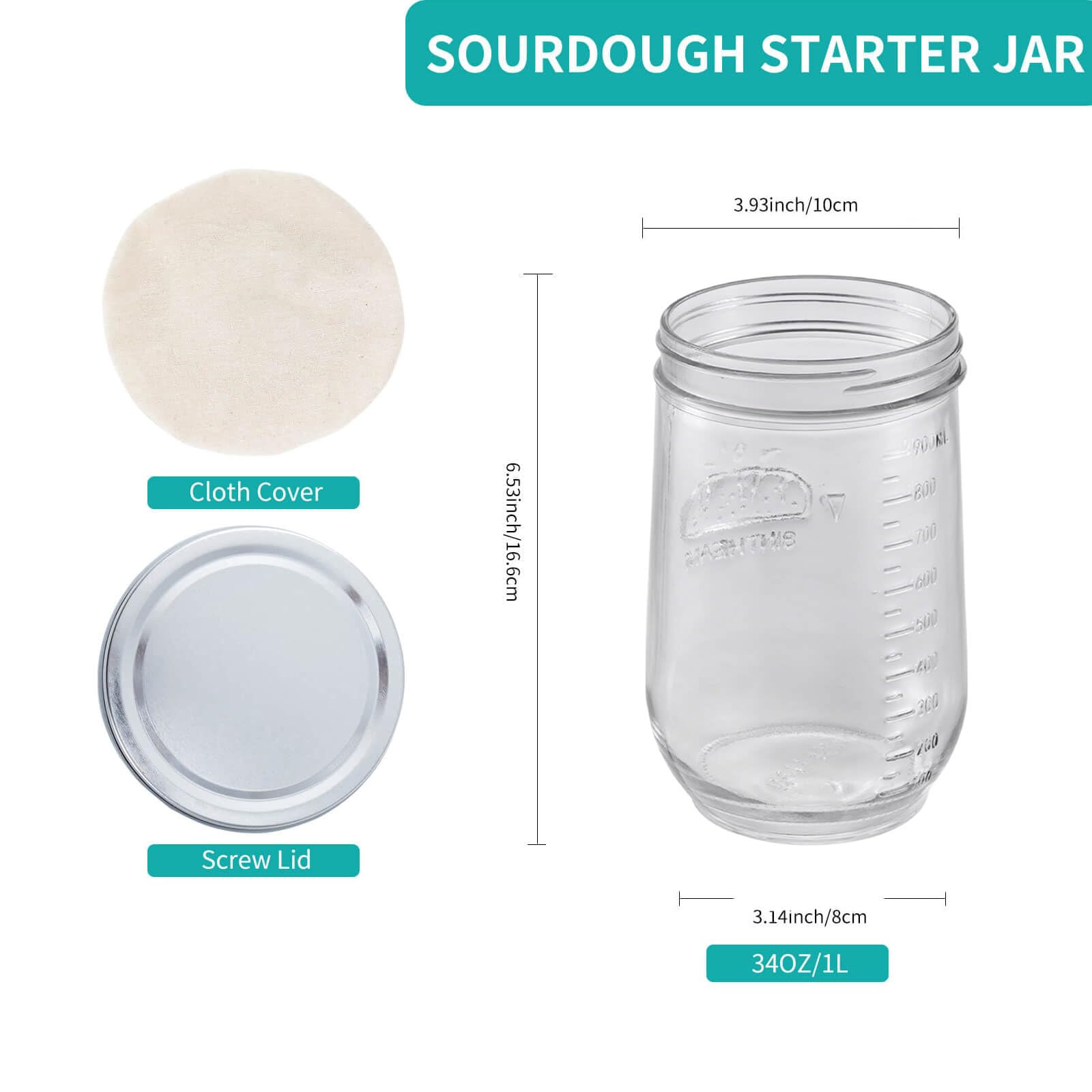 8INTHEAM 34oz Sourdough Jar, Glass Sourdough Starter Jar, Sourdough Bread Starter Kit Glass Container Jars with Recipe Guide Cover Lid