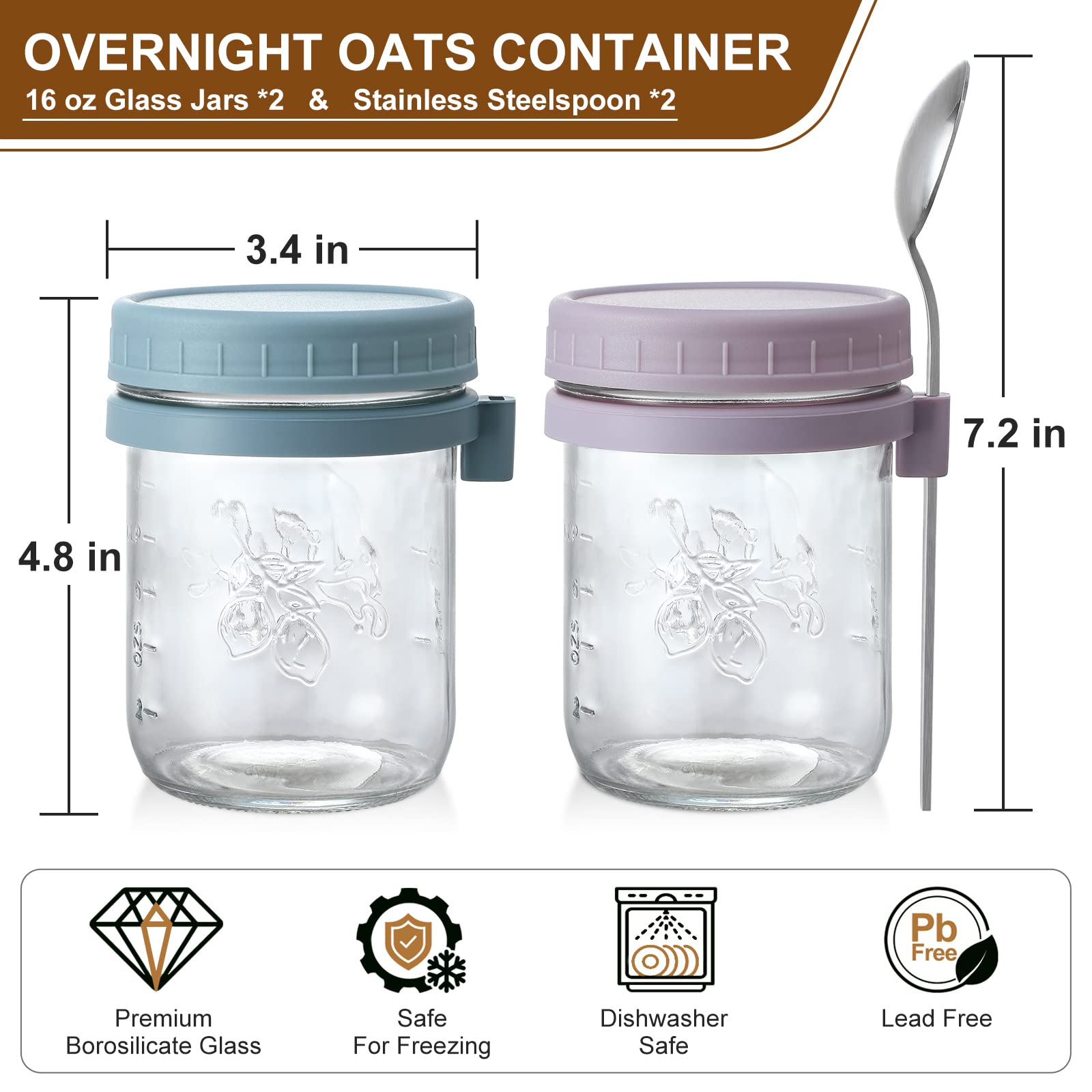 LANDNEOO 2 Pack Overnight Oats Containers with Lids and Spoons, 16 oz Glass Mason Jars for Overnight Oats, Large Capacity Airtight Jars for Milk, Cereal, Fruit (Blue+Purple)