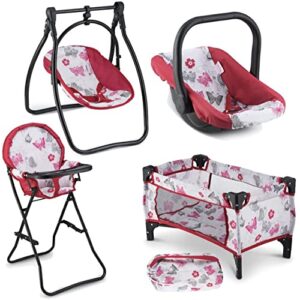 litti pritti baby doll accessories set - 4-piece baby doll furniture set for 18 inch dolls - baby doll nursery playset includes baby doll swing, high chair, pack-n-play & carrier - baby doll stuff