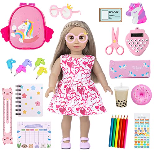 BDDOLL Doll Clothes and Accessories School Supplies Playset for 18 Inch Girl Doll with Doll Clothes,School Bags, Student Cards, Glasses, Pencils, calculators, Scissors, notebooks, etc