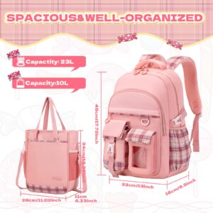 PIG PIG GIRL Girls Backpack, 2pcs Set School Backpack with Convertible Shoulder Tote Bag Water Resistant Book Bag for Primary Elementary School,Pink