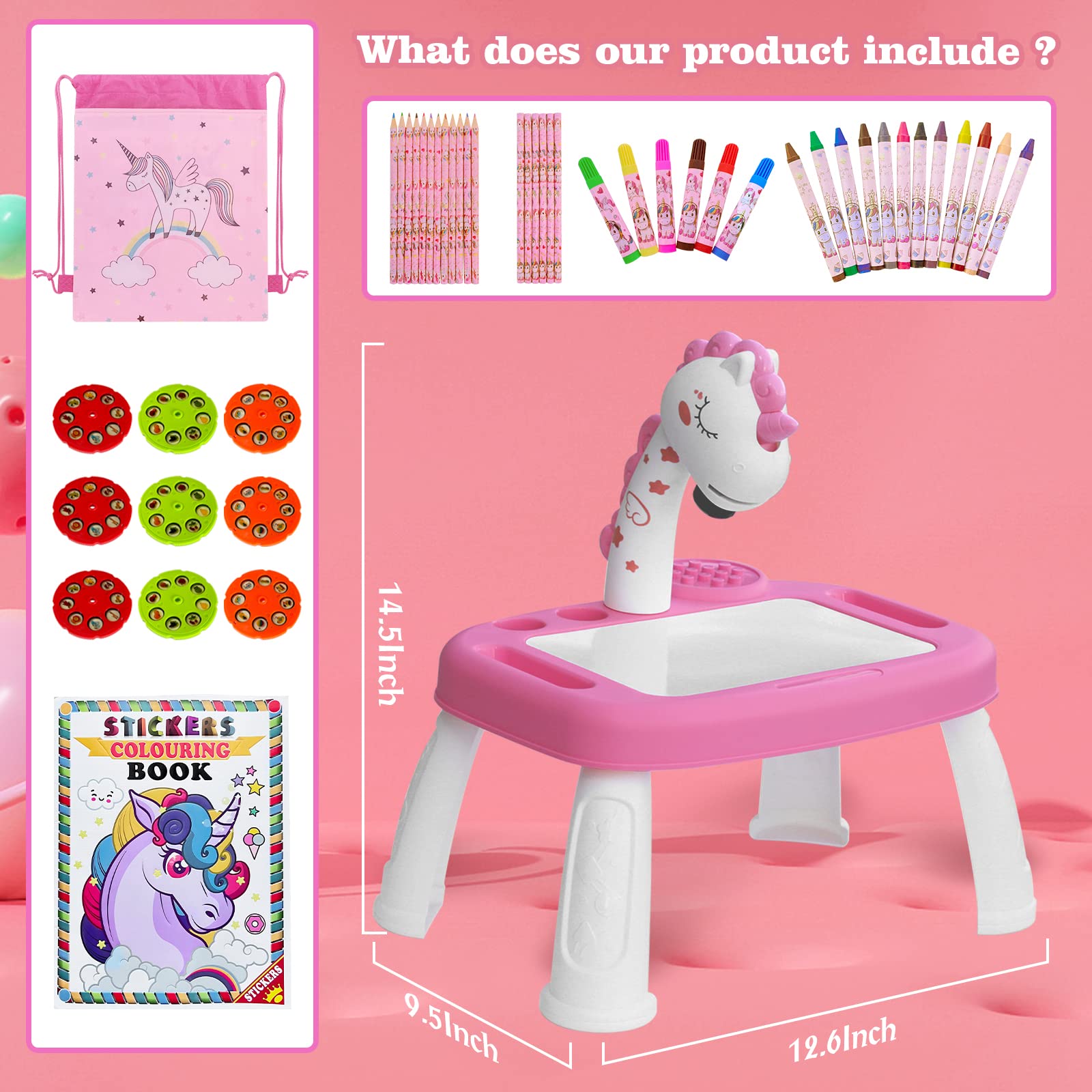 Unicorn Drawing Projector Table Set for Kids Girls Include Unicorn Art Supplies, Pink Doodle Sketcher Table Kit Toddler Tracing and Painting Projection