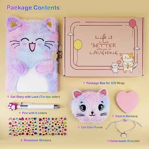 PJDRLLC Cat Diary with Lock, Gift for 6 7 8 Year Old Girl, Secret Diary Journal Notebook with Coin Purse, Bracelet, Multicolored Pen, Post-it Note, Stickers, Practical Gift for Birthday (A Happy Cat)