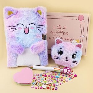 PJDRLLC Cat Diary with Lock, Gift for 6 7 8 Year Old Girl, Secret Diary Journal Notebook with Coin Purse, Bracelet, Multicolored Pen, Post-it Note, Stickers, Practical Gift for Birthday (A Happy Cat)