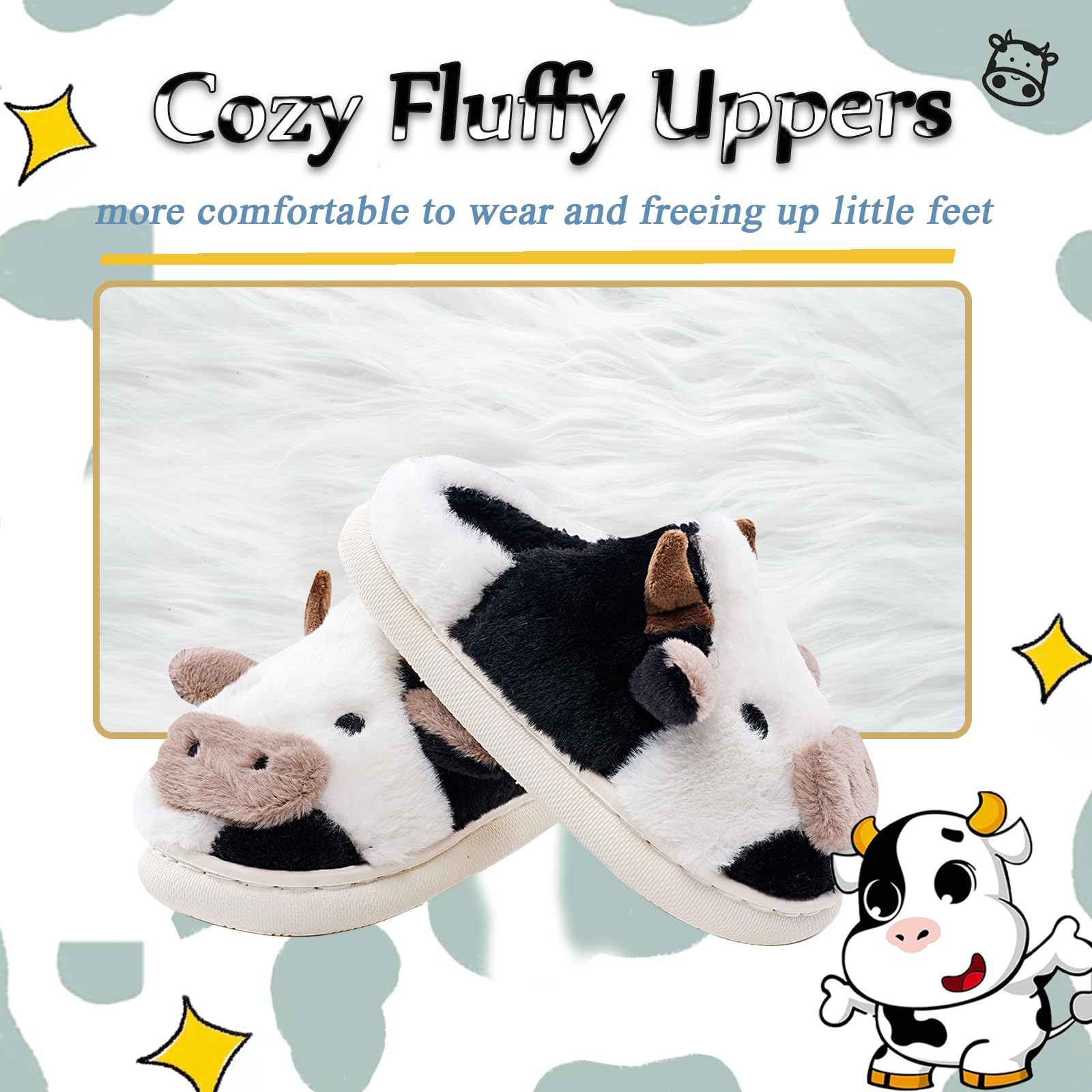 sharllen Toddler Cartoon Cow Cotton Slippers,Girls Boys Cute Indoor Outdoor Plush Animal Cow Shoes Cozy Soft Warm Fluffy Slip-on Home Cow Slipper for Little Kids